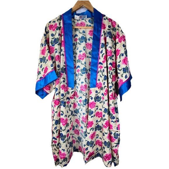 Floral Satin Sleep Robe Women Size M Blue Pink Tie Front Loungewear - Picture 10 of 16